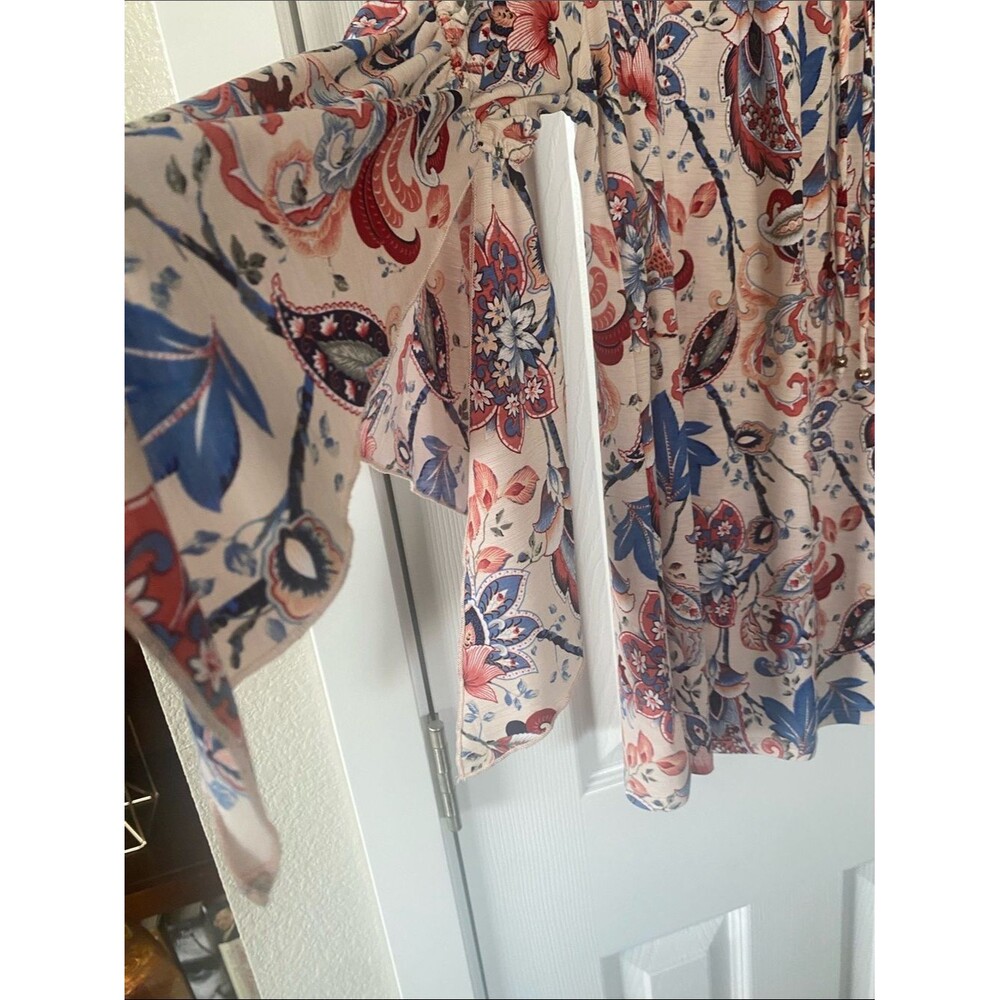 NAIF Tunic Light Pink Blue Red Coral Floral & Paisley Tie-Neck Split Sleeve Sz L - Picture 3 of 11
